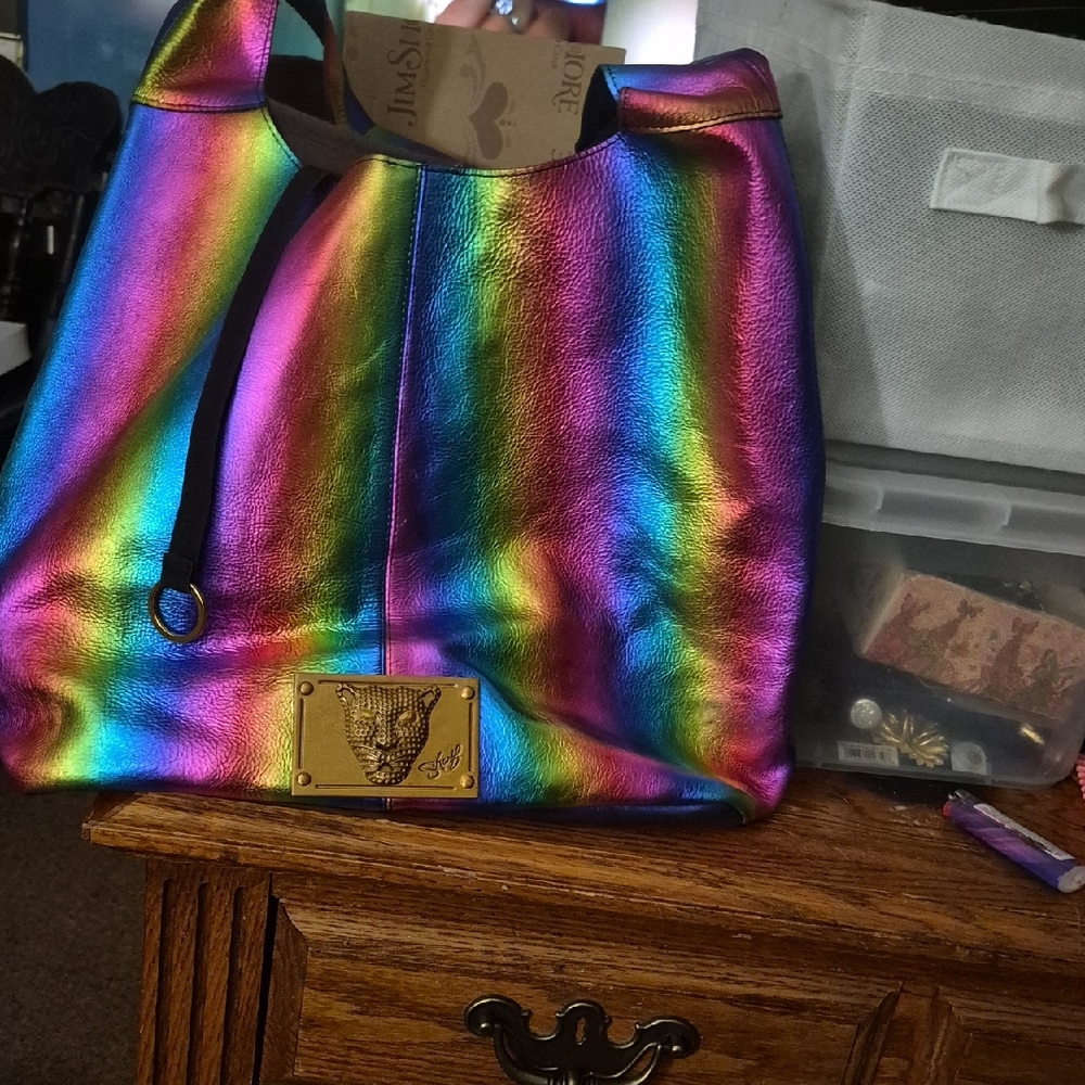 Multicolor Iridescent Hobo Bag with Gold Plaque